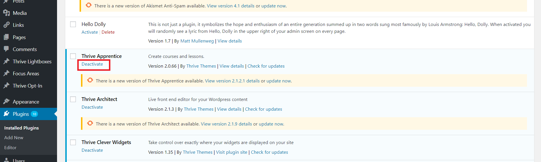 Deactivate Thrive Architect Plugin 