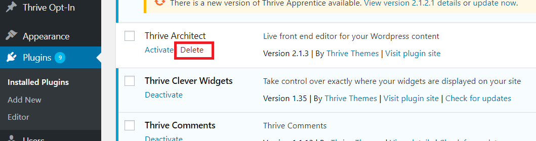 Delete Thrive Architect