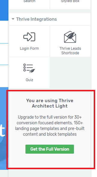 Thrive Architect light in Thrive Theme Builder missing elements