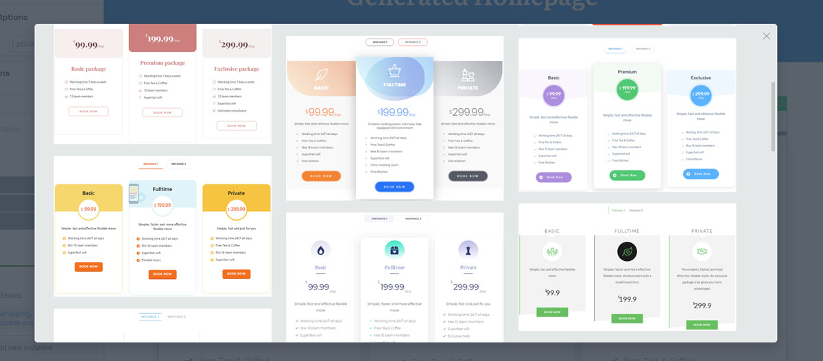 pricing table element in thrive architect