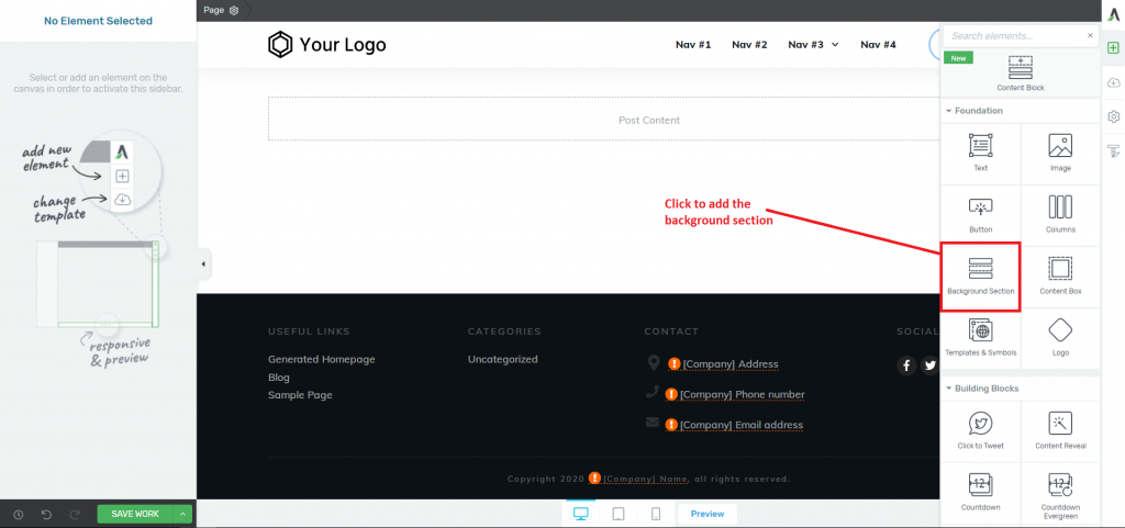 adding background section to thrive architect