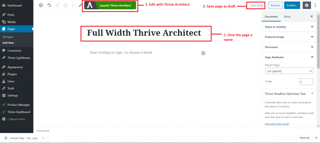 creating a new page and editing with thrive architect